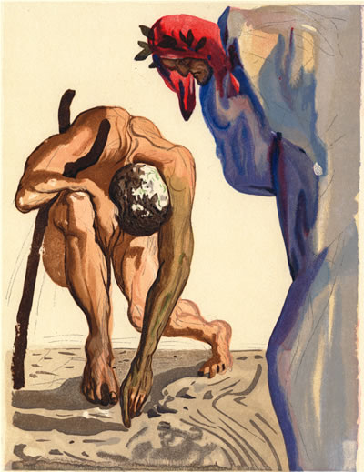 Dali's portrayal of Sordello drawing a line in purgatory, delimiting his freedom once night falls'